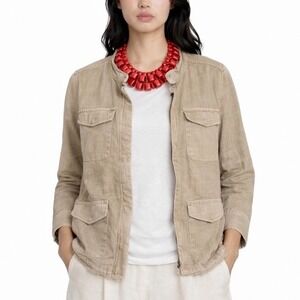 LOFT Linen Blend Utility Jacket Frayed Hem Size XL Khaki